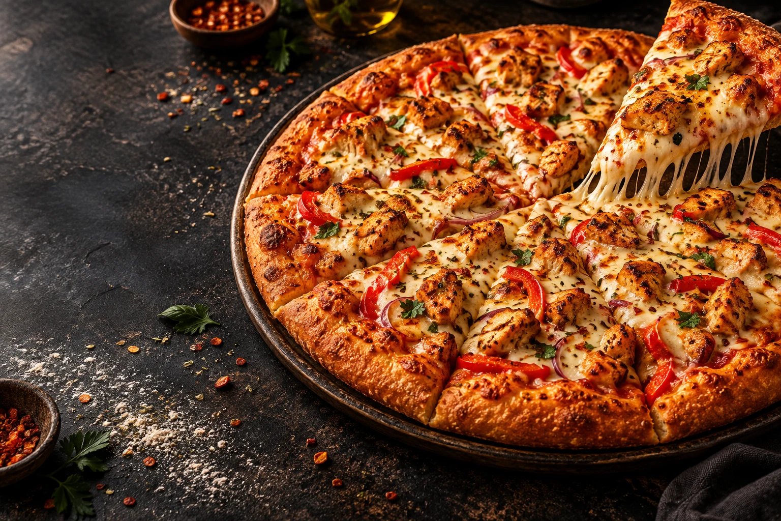Illustrative loaded pizza with golden crust and melted cheese